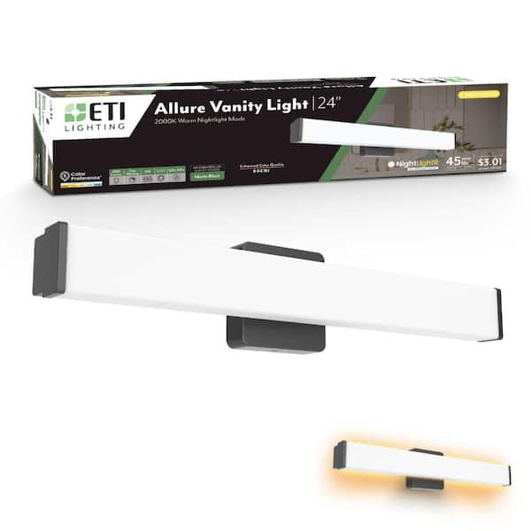 ETI LIGHTING ALLURE 24 in. 1-Light Matte Black LED Vanity Light Fixture with Night Light, Selectable CCT 2700K-5000K, 2000 Lumens