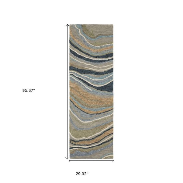 7' X 10' Beige And Blue Abstract Area Rug With Fringe