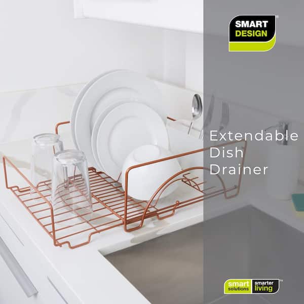 Smart Design Expandable Dish Drainer Drying Rack with Cutlery Cup - Steel  Metal Wire - Fits in Standard Sinks - Dishes, Cups, Silverware Organization  - Kitchen - 13.5 x 20.63 Inch - Rose Gold 