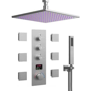 7-Spray Patterns with 2.5 GPM 12 in. Ceiling Mounted Massage Fixed Shower Head with LED in Brushed Nickel