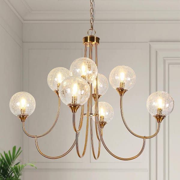 LNC 36.6 in. Modern Chandelier Brass 8-Light Candlestick Tiered Living Room High Ceiling Light with Cracked Glass Globe