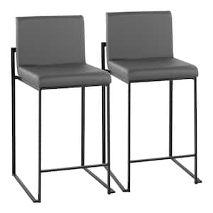 Fuji 35.5 in. Grey Faux Leather and Black Steel High Back Counter Height Bar Stool (Set of 2)