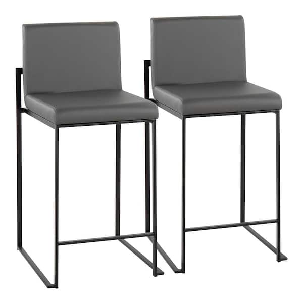 Lumisource Fuji 35.5 in. Grey Faux Leather and Black Steel High Back Counter Height Bar Stool (Set of 2)
