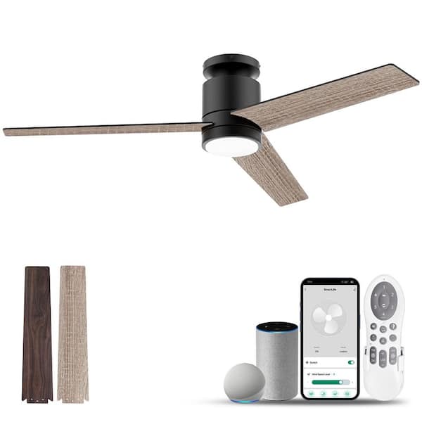 52 in. Smart Outdoor Indoor Black Flush Mount Ceiling Fans with Lights Remote Voice Control Via WIFI Alexa App Dimmable