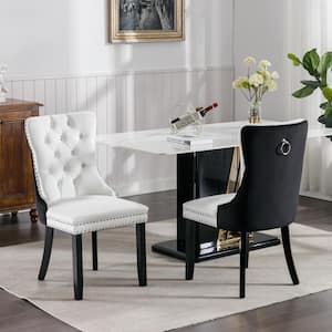 Set of 2 High-End Tufted Faux Leather Dining Room Chair with Nailhead Back Ring Pull Trim Solid Wood Legs - Black/White