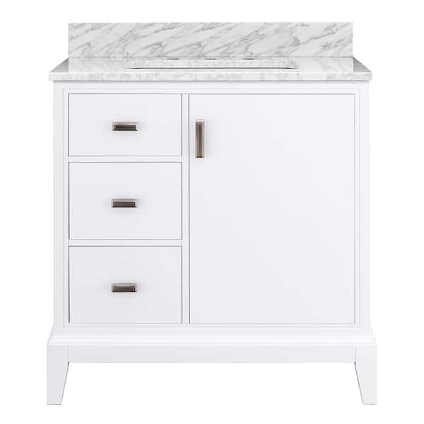 Home Decorators Collection Shaelyn 31 in W x 22 in D x 34.78 in. H Single Sink Freestanding Bath Vanity (L) in White with Carrara White Marble Top