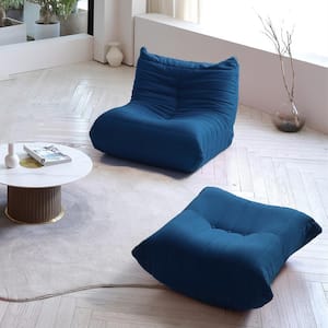 2-Piece Creative Lazy Floor Sofa Backrest Teddy Velvet Bean Bag with Retro Decorative Cozy Armless Ottoman, Blue