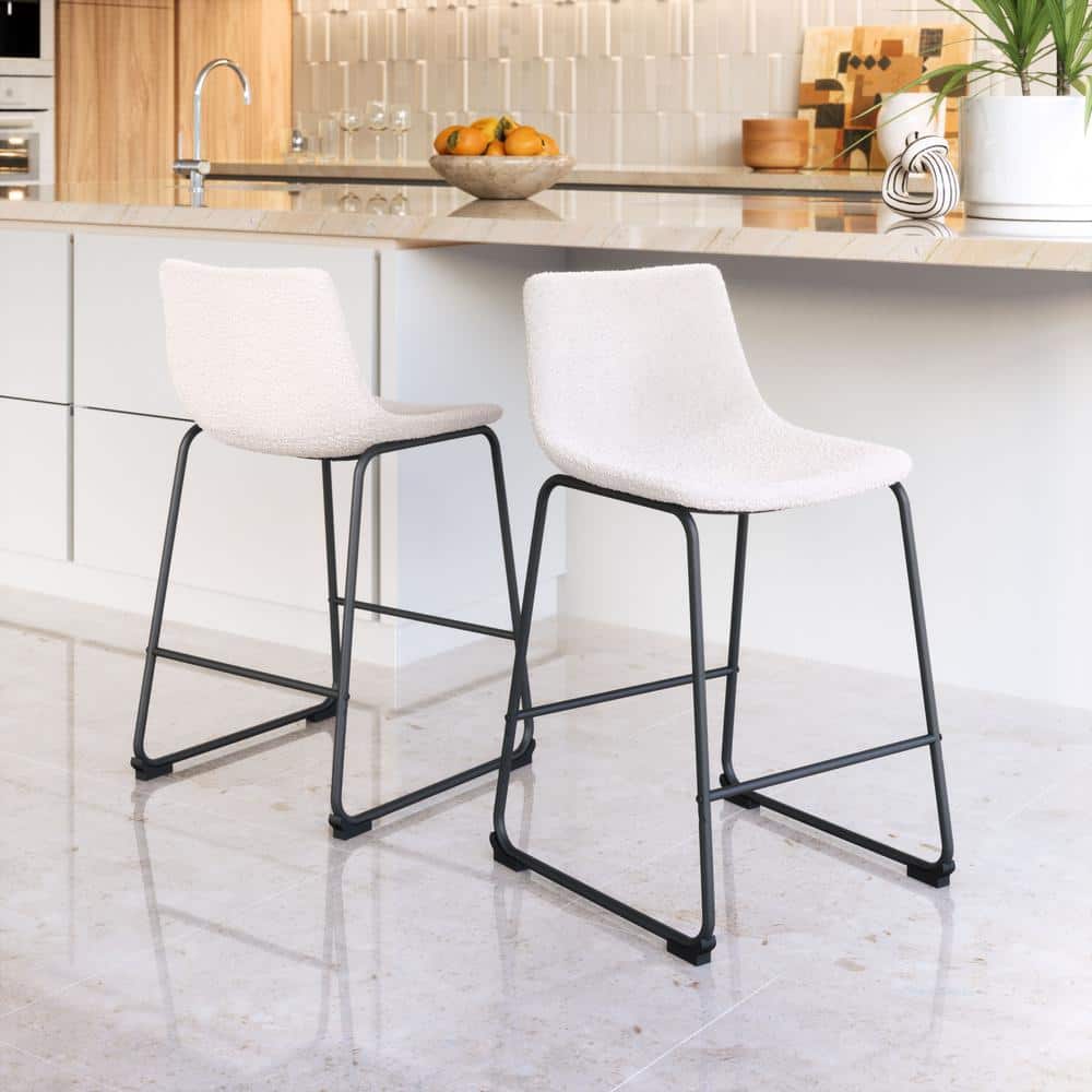 Ivory Upholstered Counter Stools with Black Metal Base, Set of 2