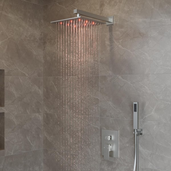 EVERSTEIN Single-Handle 2-Spray Square Wall Mount 10 in. Shower Faucet 2.5 GPM with LED and Handheld Shower Head in Brushed Nickel