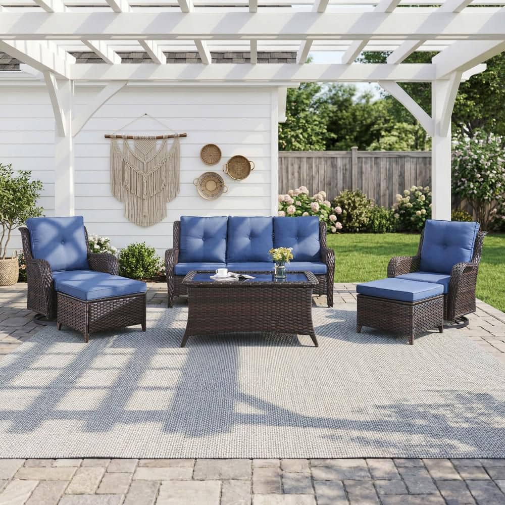 ArcLine 6-Piece Brown Wicker Patio Conversation Set with Olefin Blue Cushions and Swivel Glider Chairs/Sofa price history on PriceWatchPro