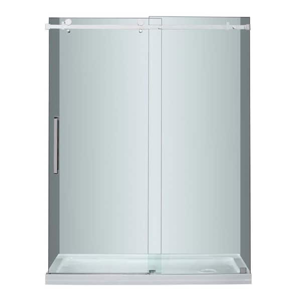 Aston Moselle 60 in. x 77-1/2 in. Completely Frameless Sliding Shower Door in Stainless Steel with Right Base