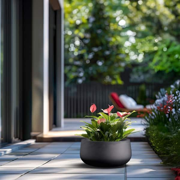 15 in. W x 8 in. H Charcoal Black Large Tall Round Concrete Planter / Garden Plant Pot for Indoor and Outdoor