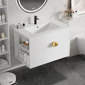 30 in. W x 18 in. D x 19 in. H Floating Bath Vanity in White with White Ceramic Top Basin, Left Open Shelf