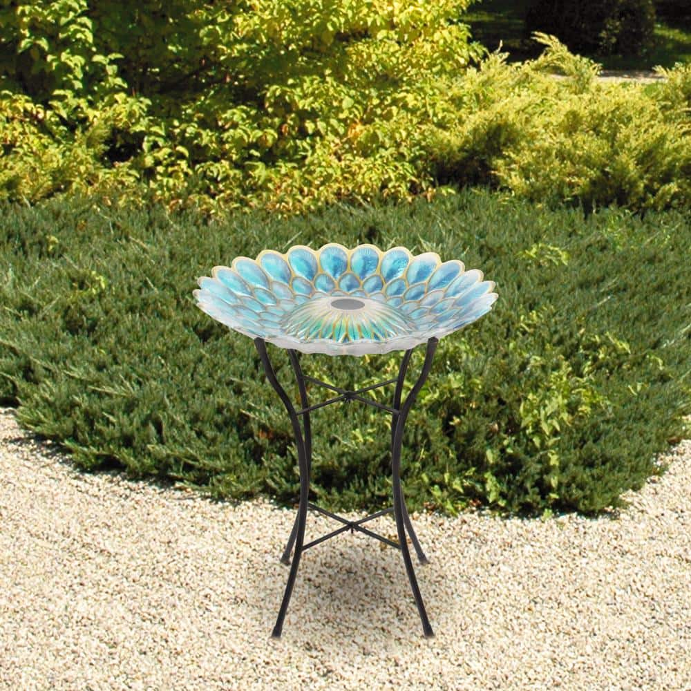 Blue 18" Solar Glass Flower Mosaic Birdbath with Metal Stand