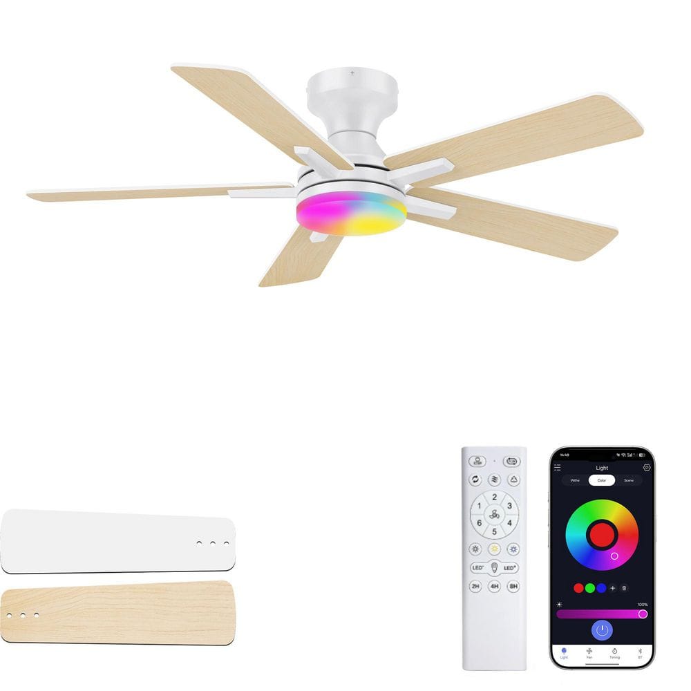 42 in. RGB Smart Modern White Flush Mount Outdoor Indoor Ceiling Fan with LED Lights and Remote/APP, Reversible DC Motor