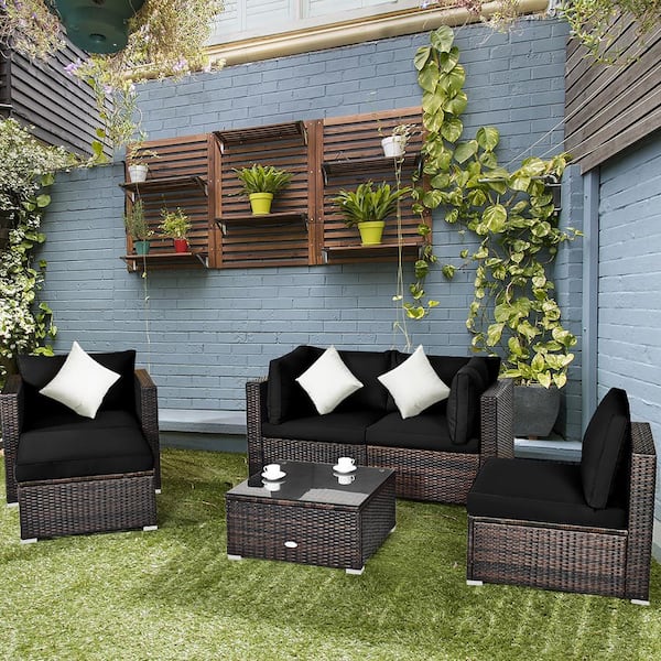 Patio Rattan Furniture Set Cushion Sofa Coffee Table with Black Cushions