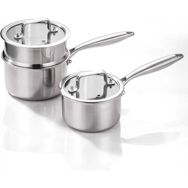 3-Piece Stainless Steel Triply Saucepan Set Silver Finish Induction Safe Glass Lids Steamer Kitchen Cookware