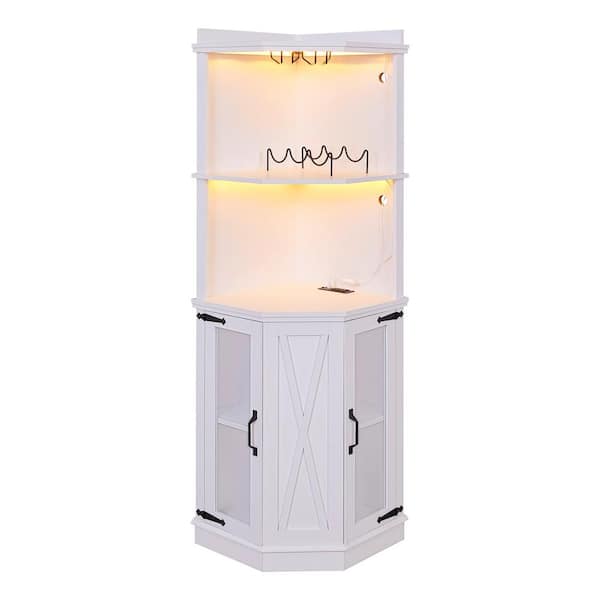 FUNKOL 19.69 in. x 19.69 in. x 67.72 in. White MDF Corner Kitchen Cabinet w/Adjustable Shelves Electrical Outlet & Glass Shelf