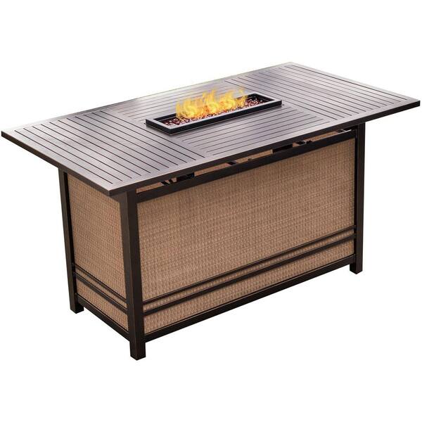 Aluminum Outdoor Bar Height Dining Set, Stoneridge 7 Piece High Top Dining Set With Fire Pit