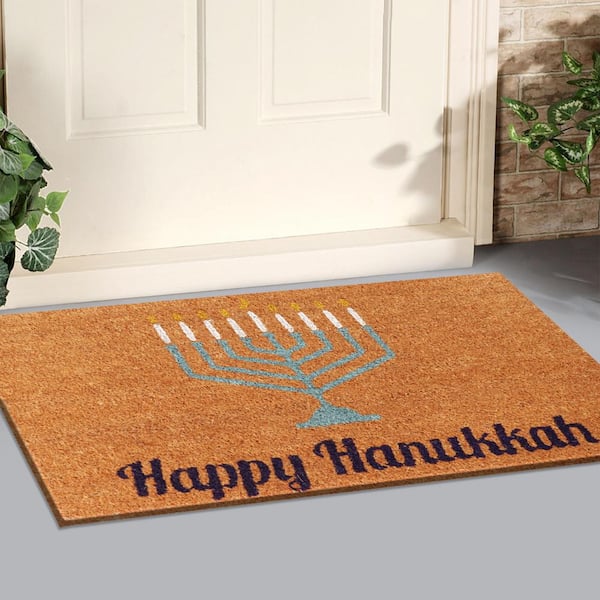 A1HC Hanukkah Blue 18 in. x 30 in. Natural Coir Heavy Duty Non Slip PVC Backing Outdoor Welcome Mat