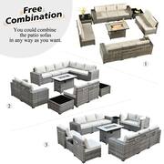 Crater Grey 13-Piece Wicker Wide-Plus Arm Outdoor Fire Pit Patio Conversation Sofa Set with Beige Cushions