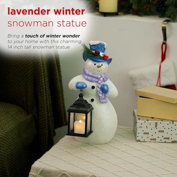 Alpine Corporation Lavender Winter Snowman Holding Lantern Statue