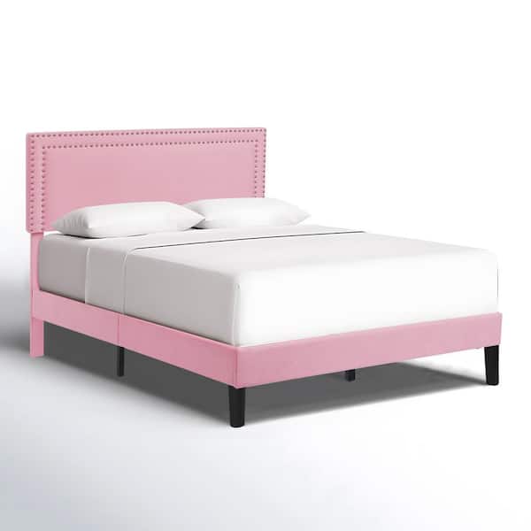VECELO Upholstered Bed with Adjustable Headboard, No Box Spring Needed Platform Bed Frame, Bed Frame Pink Queen Bed