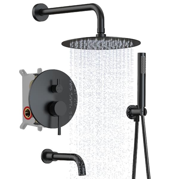 Matte Black Wall Mounted Shower with 8 inch Rainfall Shower Head - Round Shower