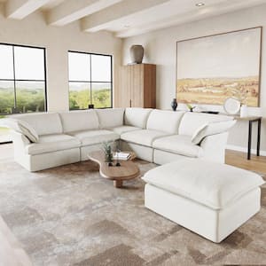 123 in. Overstuffed Down Filled Comfort Linen Flannel L-shape 5-Seat Sofa Modular Sectional with Ottoman, White