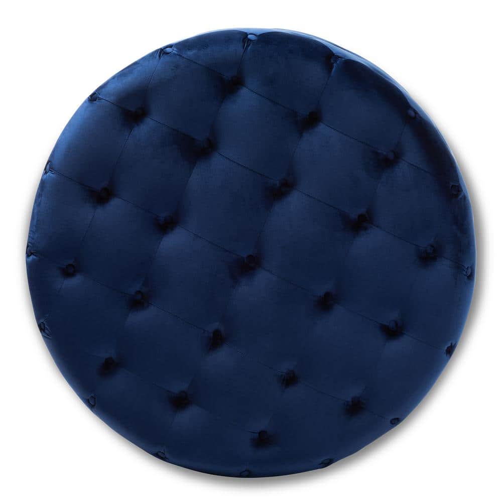 Cardiff Round Blue Velvet Tufted Ottoman