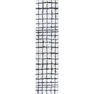 Arenal White/Black 2 ft. x 10 ft. Geometric Grid Shag Runner Rug