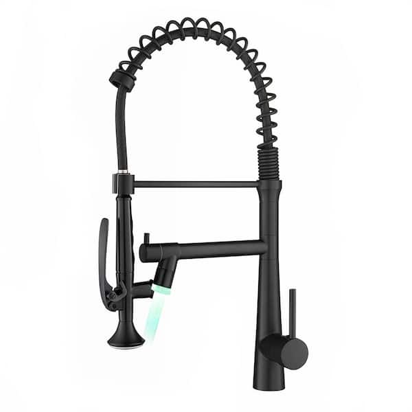 FLG Double Handle Commercial LED Pull Down Sprayer Kitchen Faucet Modern 1 Hole Spring Brass Taps in Matte Black