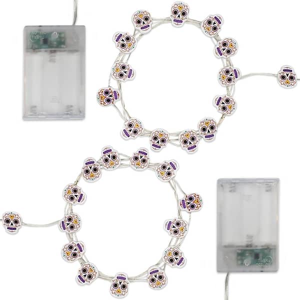 LUMABASE 11 ft. 30-Lights LED Cool White Battery Operated Fairy String Lights with Sugar Skull Motif (Set of 2)