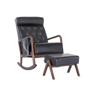 Mid-Century Black PU High Backrest Button Back Rocking Chair with Ottoman Set of 2