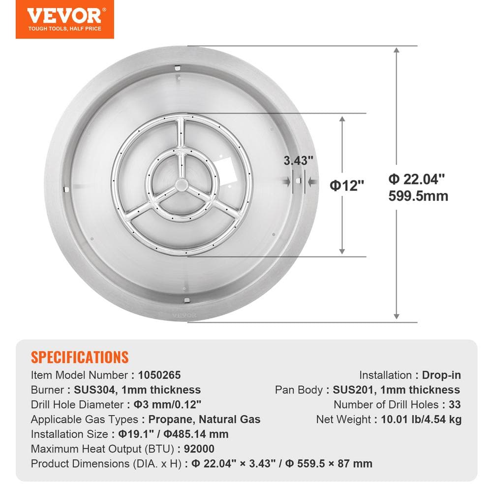 VEVOR 22" Round Stainless Steel Fire Pit Burner with Lid