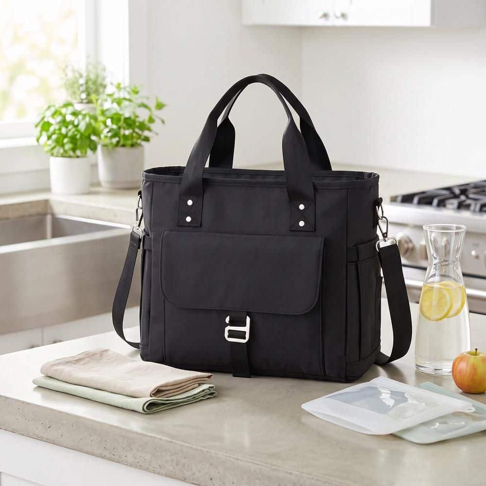 Black Reusable Lunch Bag with Removable Shoulder Strap, Side Pockets and Leak-Resistant Insulated Liner