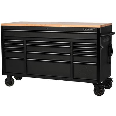 Heavy Duty 61 in. W x 23 in. D 15-Drawer Mobile Workbench with Solid Wood Top