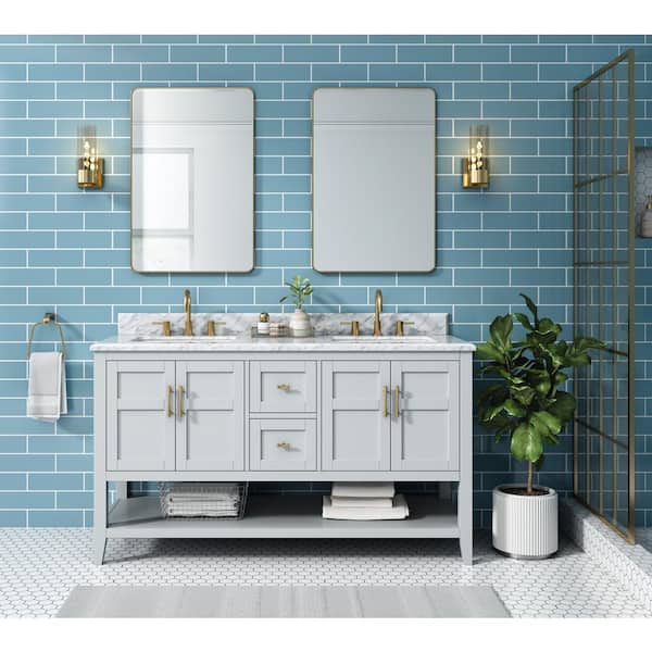 Home Decorators Collection Sturgess 61 in. Double Sink Gray Bath Vanity with White Carrara Marble Top (Assembled)