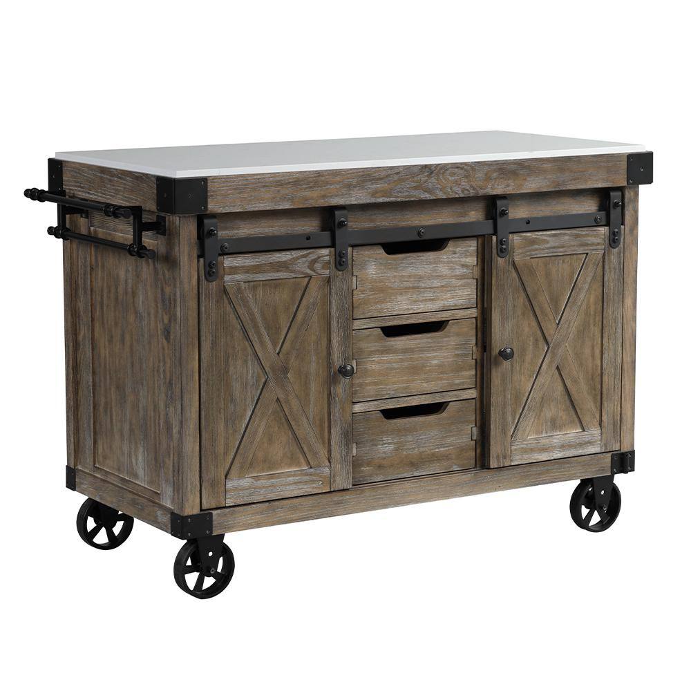 Weathered Gray Pine Kitchen Island with Marble Top