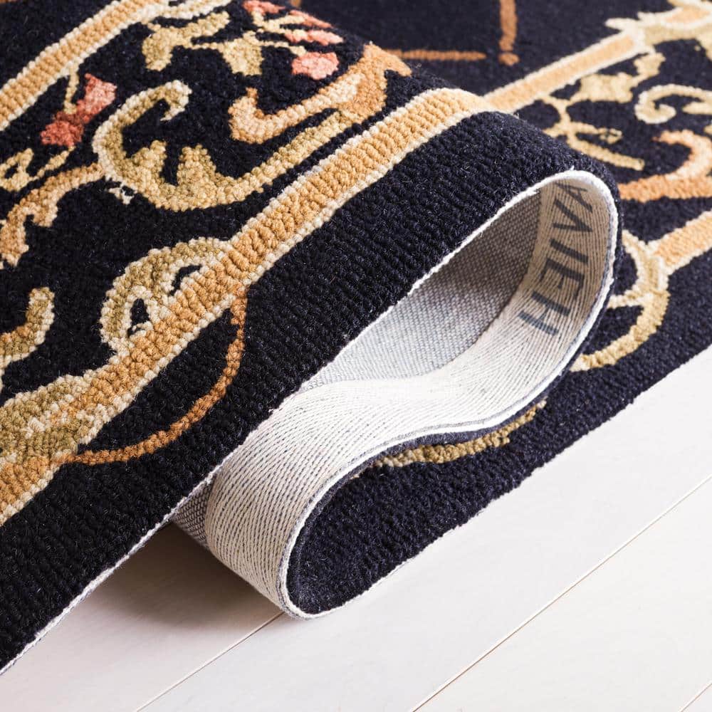Black Floral Hand-Hooked Wool Runner Rug