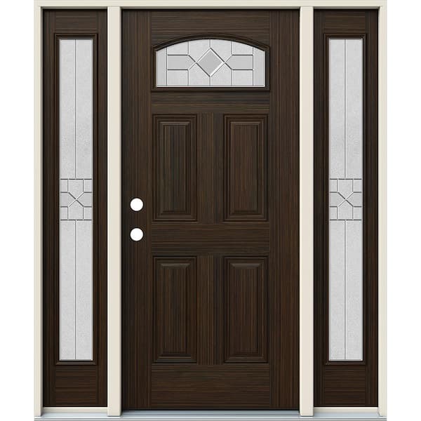 JELD-WEN 60 in. x 80 in. Right-Hand Camber Top Caldwell Decorative Glass Black Cherry Fiberglass Prehung Front Door w/Sidelites