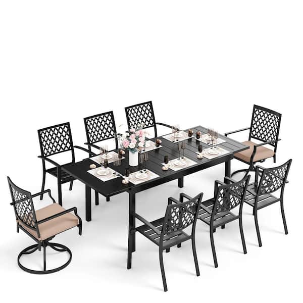 PHI VILLA 9-Piece Metal Patio Outdoor Dining Set with Extendable Table and Elegant Chairs with Beige Cushion