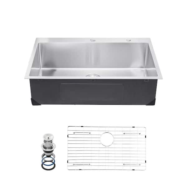 Kitchen Sink 304 Stainless Steel Drop-In Sinks 33 in. Undermount Single Bowl Basin with Ledge and Accessories