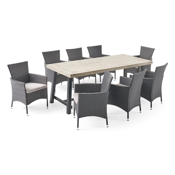 Noble House Flamingo 30 in. Grey 9-Piece Metal Rectangular Patio Outdoor Dining Set with Light Grey Cushions