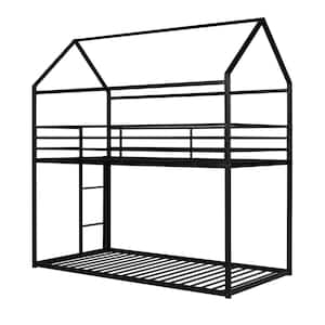 Black Twin over Twin House Bunk Bed with Built-in Ladder