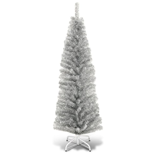 Gymax 6 ft. Sliver Pencil Artificial Christmas Tree Electroplate Pencil Tree