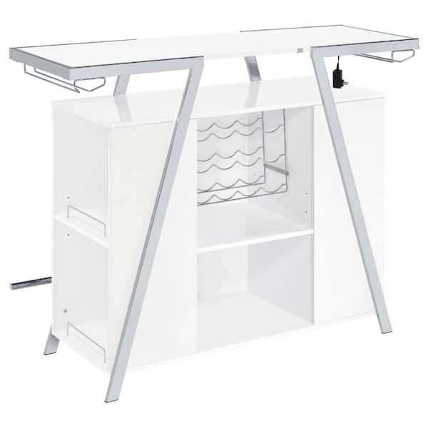 Benjara Leo White 41.5 in. Chrome Steel Wine Bar Cabinet with Storage Shelves