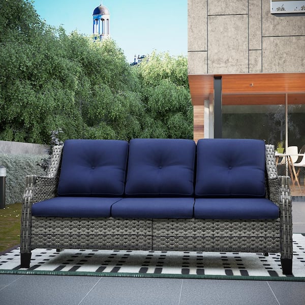 3-Seat Wicker Outdoor Patio Sofa Sectional Couch with Blue Cushions