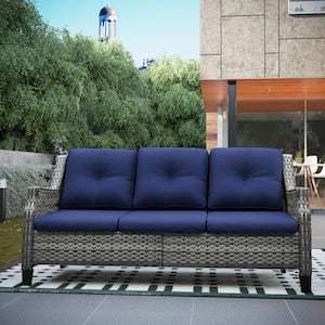 3-Seat Wicker Outdoor Patio Sofa Sectional Couch with Blue Cushions