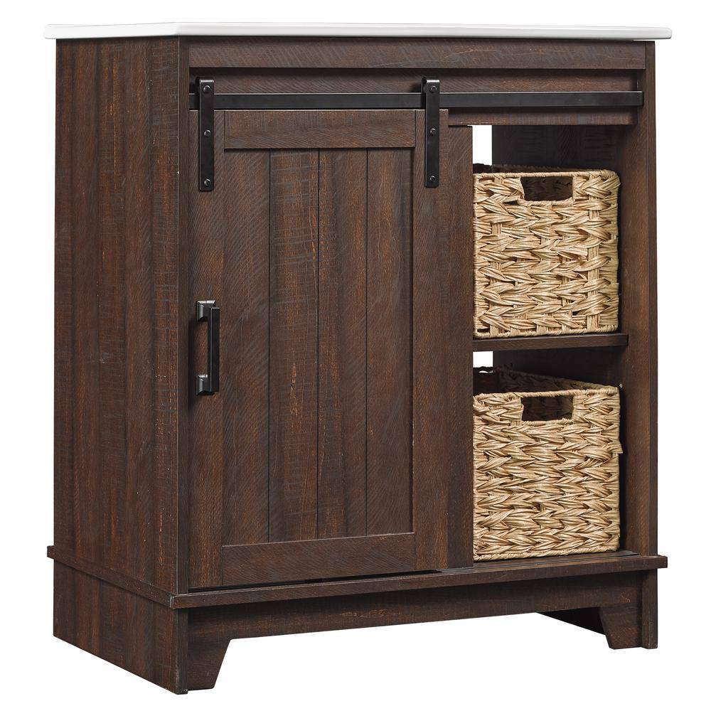 Antique Brown Cherry 30" Farmhouse Sliding Barn Door Bathroom Vanity